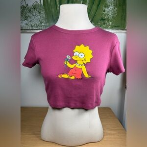 Lisa Simpson Women’s Maroon Ribbed Graphic Cropped Top - Size Large